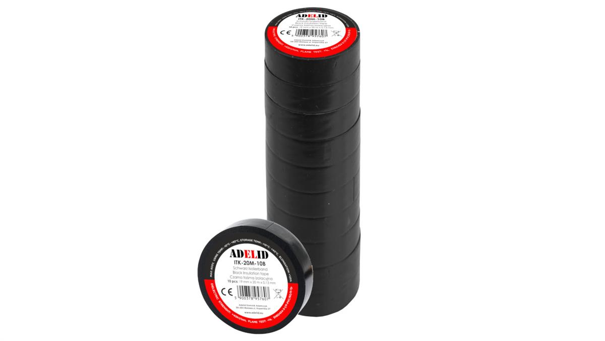 ADELID TAŚMA IZOLACYJNA 20M PCV / PVC CZARNA WODOODPORNA IZOLACJA 19MM 10SZT.