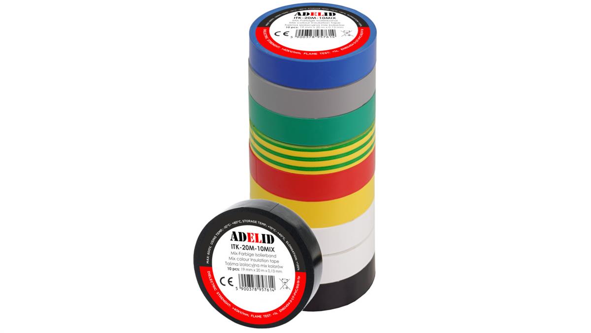 ADELID TAŚMA IZOLACYJNA 20M PCV / PVC MULTIKOLOR WODOODPORNA IZOLACJA 19MM 10SZT.
