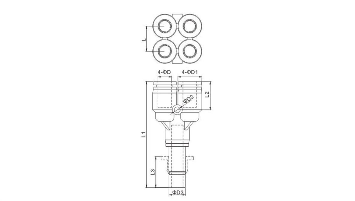 PNEUMAT SYSTEM Rozgałęźnik wtykowy typu Y pod wąż 6, wtyk fi 10, 10-4x6, tworzywo sztuczne/mosiądz niklowany, 223.010-6
