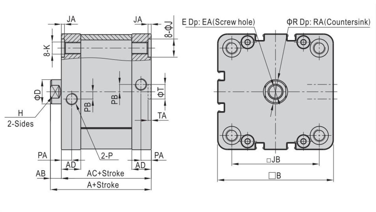 PNEUMAT SYSTEM Siłownik Pneumatyczny kompaktowy z jednostronnym tłoczyskiem ISO21287. Średnica tłoka 80mm skok 50mm D80x50, FNSKI080.0050