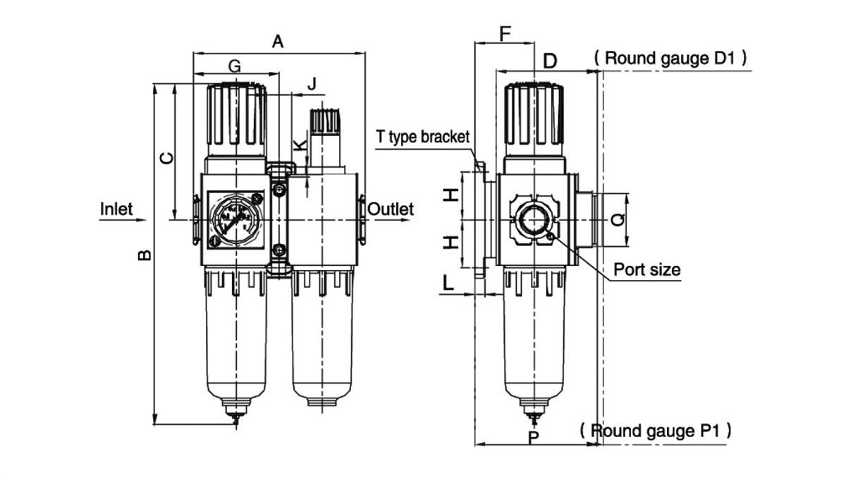PNEUMAT SYSTEM Blok przygotowania powietrza G 1/4 GW do 10 bar, regulacja 1,5-9 bar, 5 um