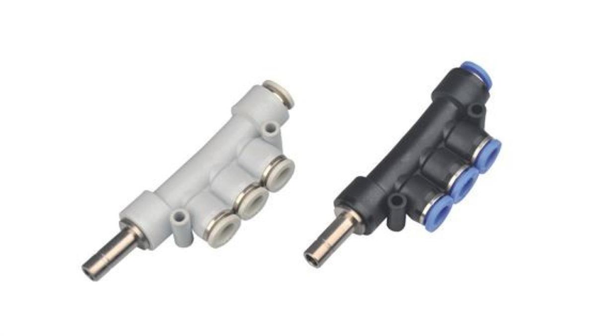 PNEUMAT SYSTEM Rozdzielacz wtykowy T wielosegmentowy fi 8mm 3x6, tworzywo sztuczne/mosiądz niklowany, 224.008-6