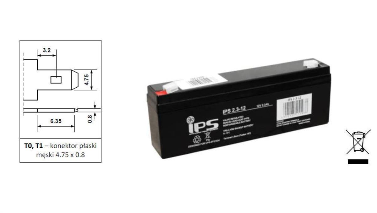 IPS 2.3-12 akumulator VRLA AGM 12V 2.3A, 6-9lat, T1 4,8mm