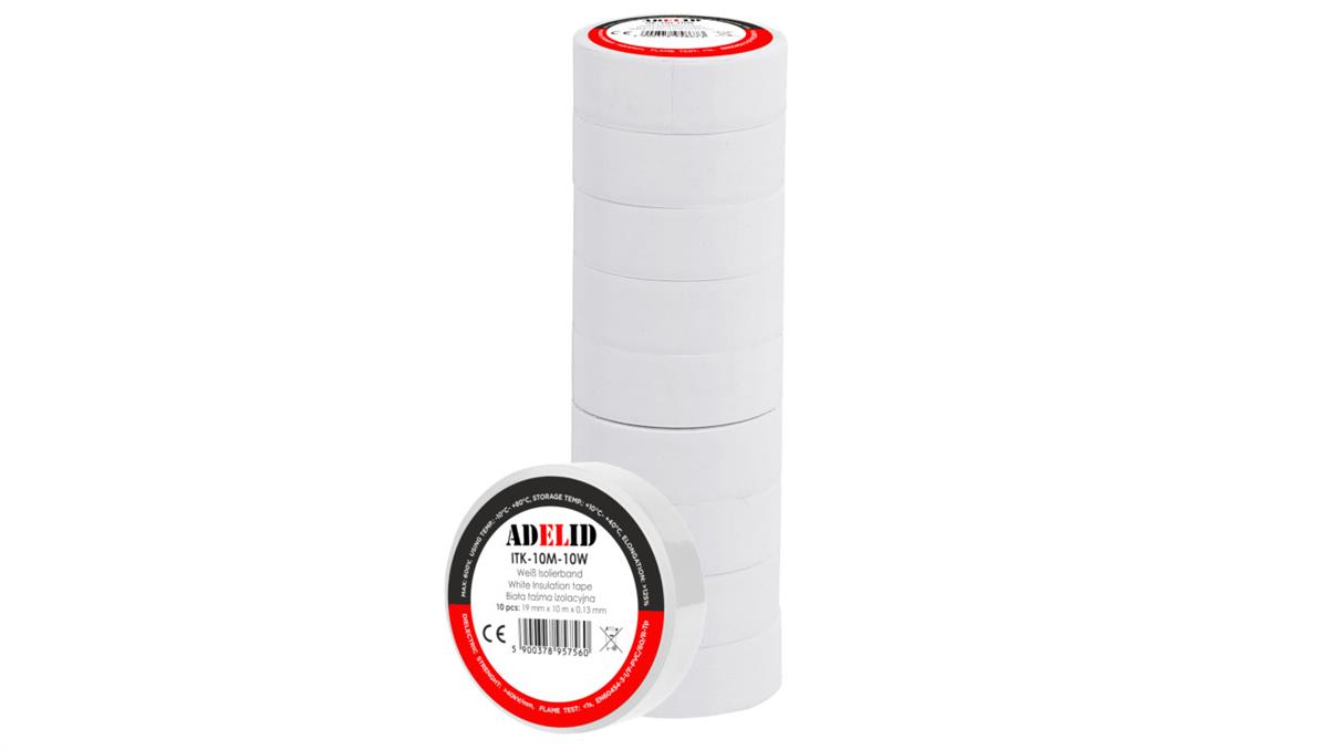 ADELID TAŚMA IZOLACYJNA 10M PCV / PVC BIAŁA WODOODPORNA IZOLACJA 19MM 10SZT.