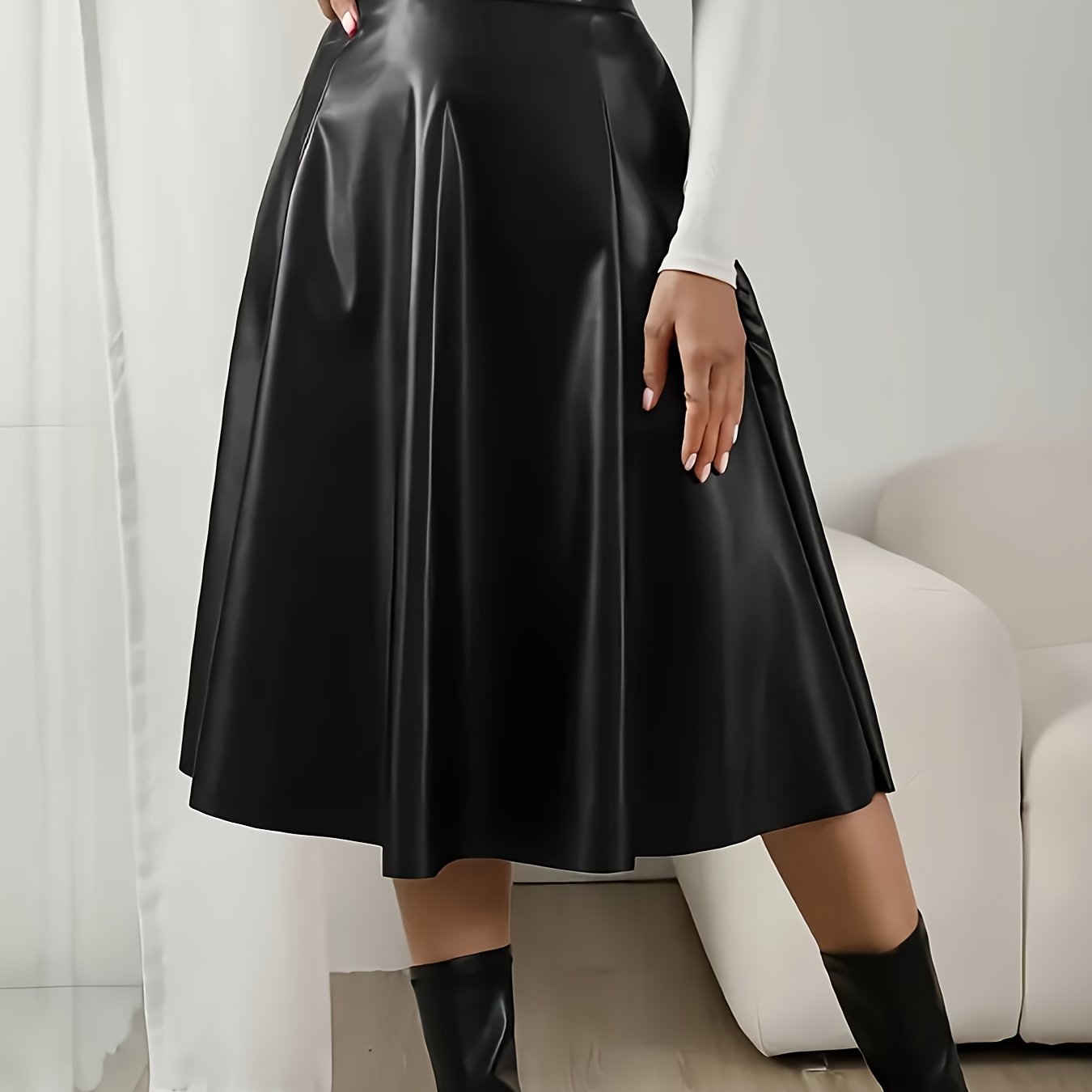 TEMU Elegancka damska spódnica midi z wysokim stanem ze sztucznej skóry - jednolity z plisowanym wzorem