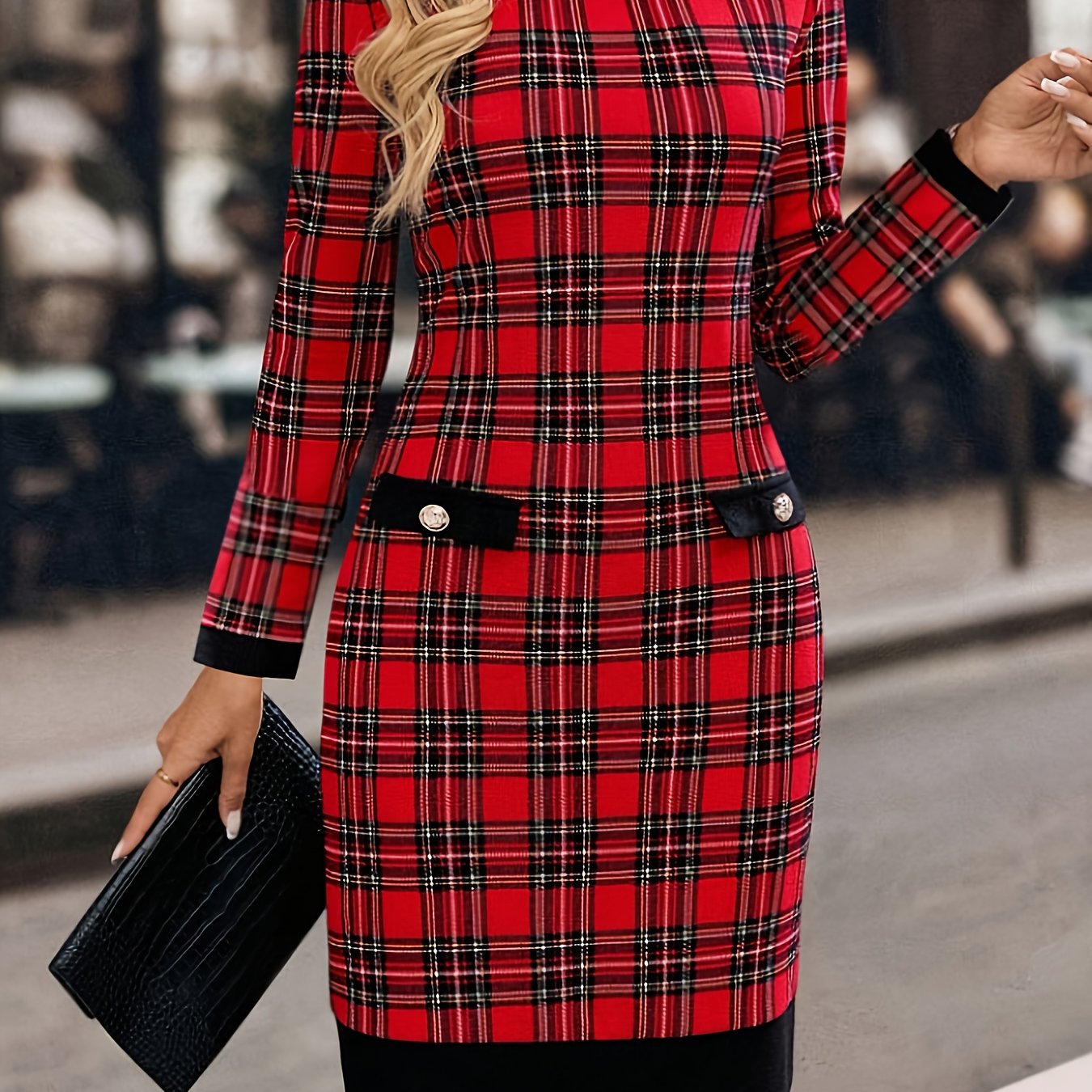 TEMU Elegancka Modna Sukienka w Kratę z Długim Rękawem [OM620]