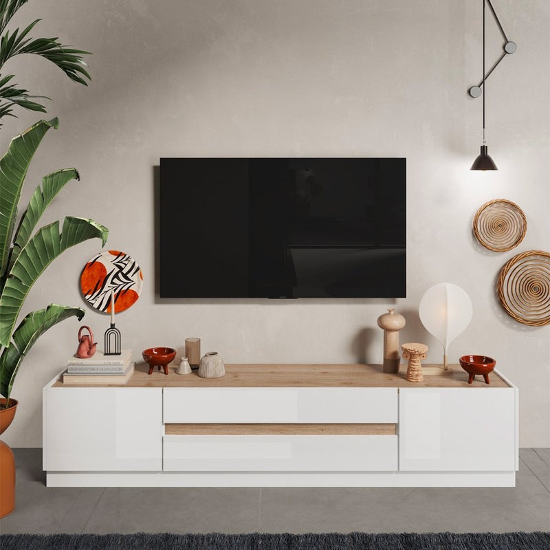 Szafka RTV 2-drzwiowa z 2 szufladami - Biały lakierowany i Naturalny - EMORA