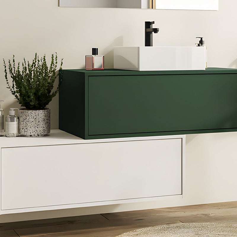 Szafka łazienkowa wisząca zielona i biała z umywalką i dwoma szufladami - 94 cm - TEANA II