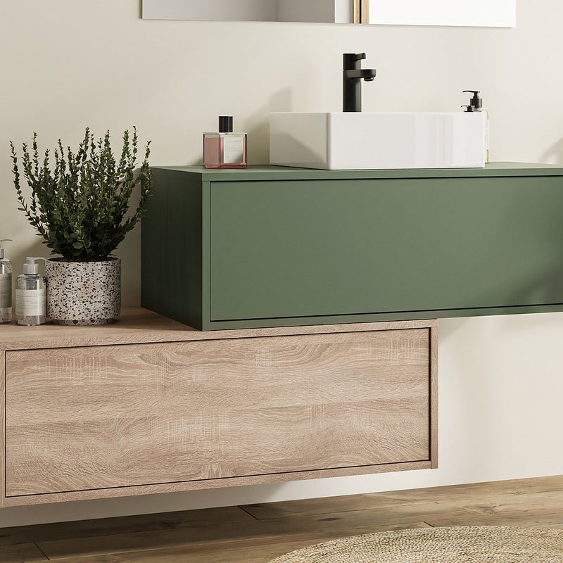 Szafka łazienkowa wisząca zielona i naturalna jasna z kwadratową umywalką i dwoma szufladami - 94 cm - TEANA II