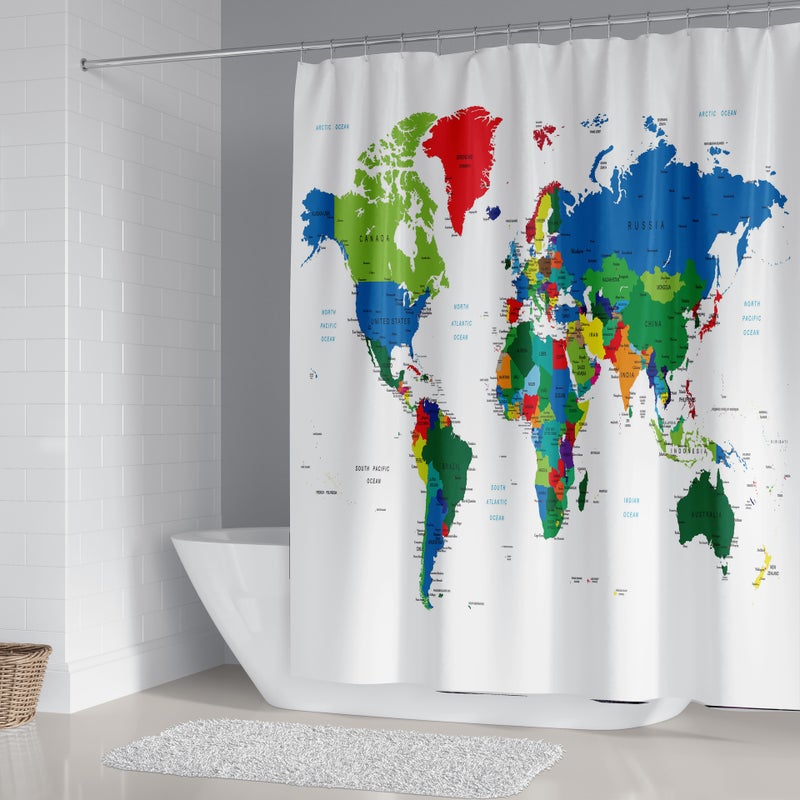 Zasłona prysznicowa z mapą świata 180 x 200 cm - kolorowa geografia, wodoodporna, idealna dla dzieci, z tkaniny poliestrowej