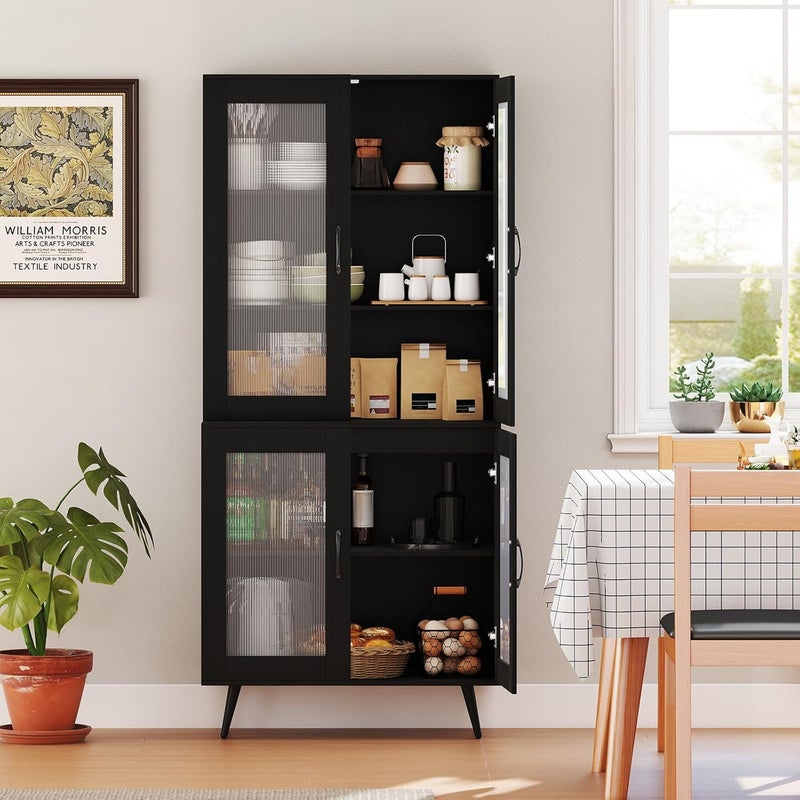 Wysoka Szafka Kuchenna do Jadalni, Szafka Kuchenna z Drzwiami z Żłobieniami i Regulowanymi Regałami, 80 x 40 x 178,5 cm (Czarna)