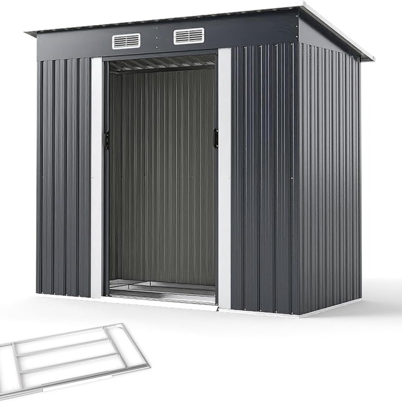 Metalowa Szopa Ogrodowa, 213 x 112 x 186 cm, Zewnętrzna Szopa Ogrodowa na Narzędzia z Pochyłym Dachem, Drzwi Przesuwne, Otwory Wentylacyjne, Fundament