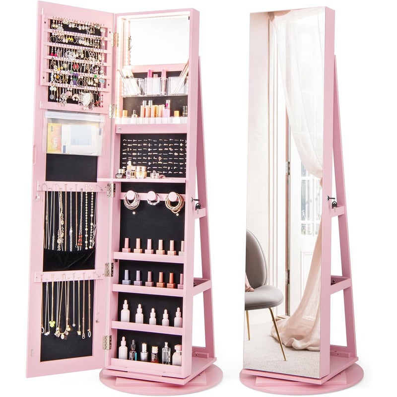 Szafka na Biżuterię Obracająca się o 360º z Całym Długim Lustrem, Lustro na Biżuterię na Stojaku z Miejscem do Schowania, LED, 3 Regały (Różowa)