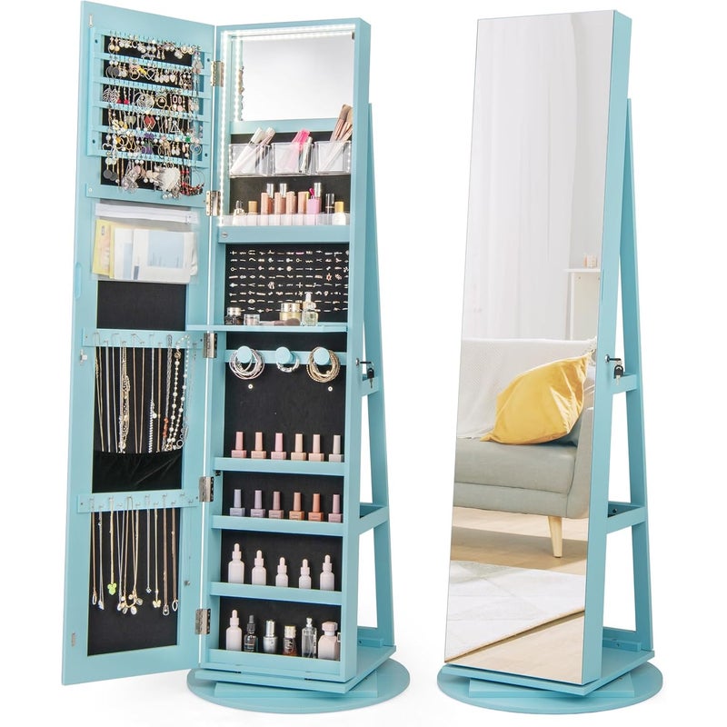 Szafka na Biżuterię Obracająca się o 360º z Lustra Pełnej Długości, Lustro na Biżuterię na Stojaku z Miejscem do Schowania, LED, 3 Regały (Turkusowe)