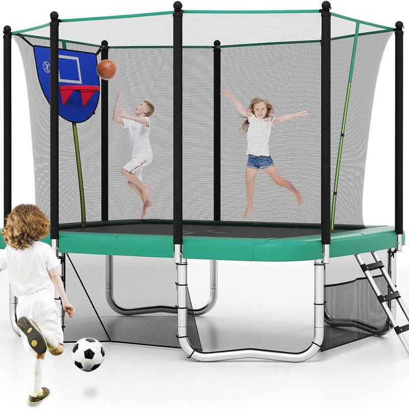 3 w 1 Trampolina Zewnętrzna dla Dzieci, Prostokątna, Duża Trampolina z Koszem do Koszykówki, Siatką Ochronną i Stalową Ramą dla Dzieci i Dorosłych