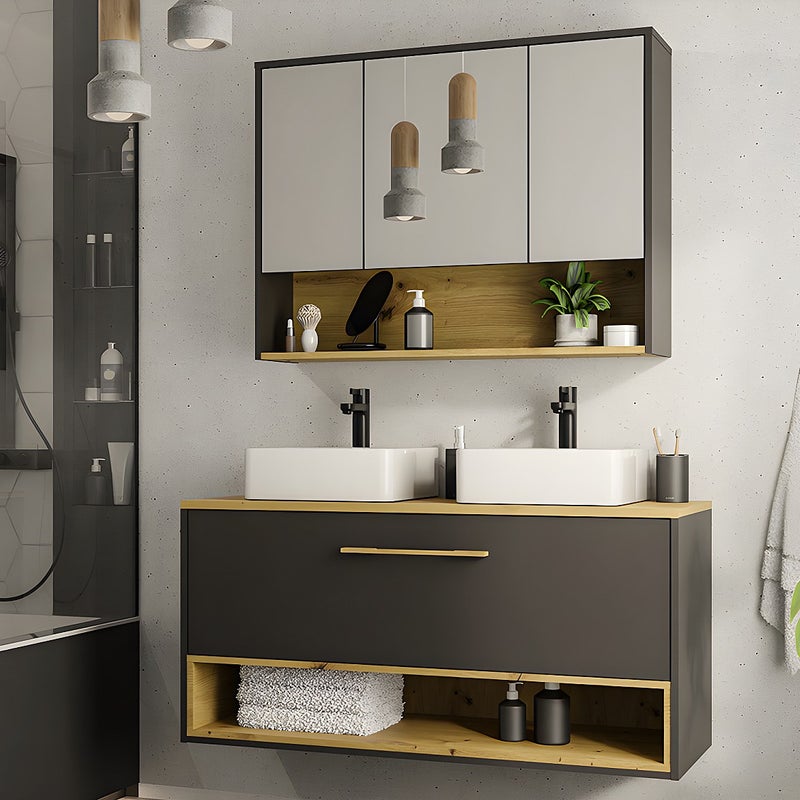 Szafka łazienkowa wisząca w kolorze antracytowym, z podwójną umywalką i dodatkową szafką ścienną – 120 cm – YANGRA