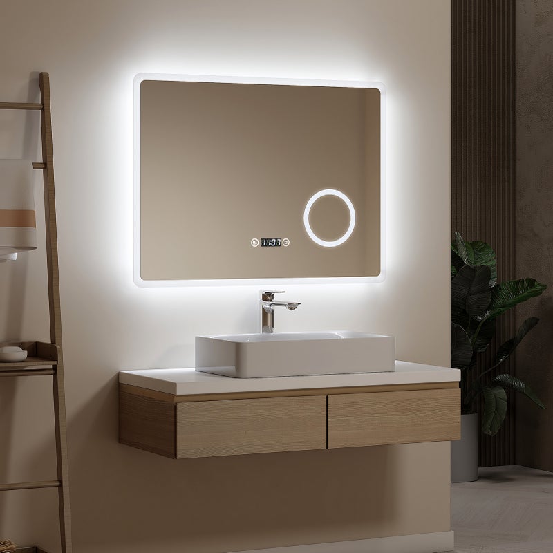 EMKE Lustro łazienkowe z oświetleniem LED 80x60 cm, z 6500K, przeciwmgielne, zegar, 3-krotne powiększenie, funkcja pamięci, IP44