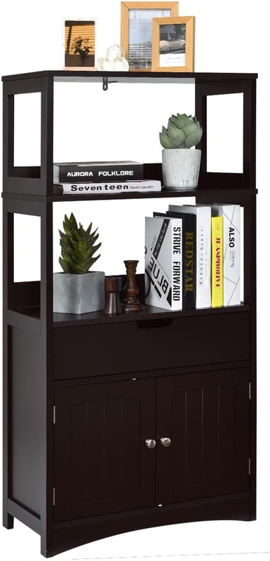 Wolnostojąca szafka łazienkowa, wysoka szafka do łazienki, z 2 drzwiami i 3 otwartymi półkami i szufladą, nowoczesna, kuchni, salonu (czarna)