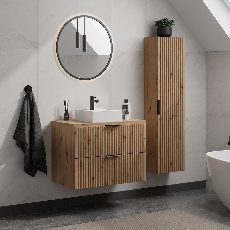 Szafka łazienkowa wisząca ryflowana z umywalką nablatową - Naturalny jasny - 80 cm - ZEVARA