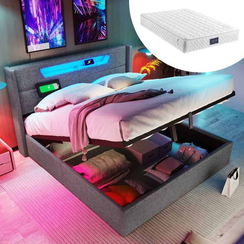 Łóżko dla dorosłych z pojemnikiem 160 x 200 cm z zagłówkiem - USB + Typ C + LED - tkanina lniana - szare + Materac