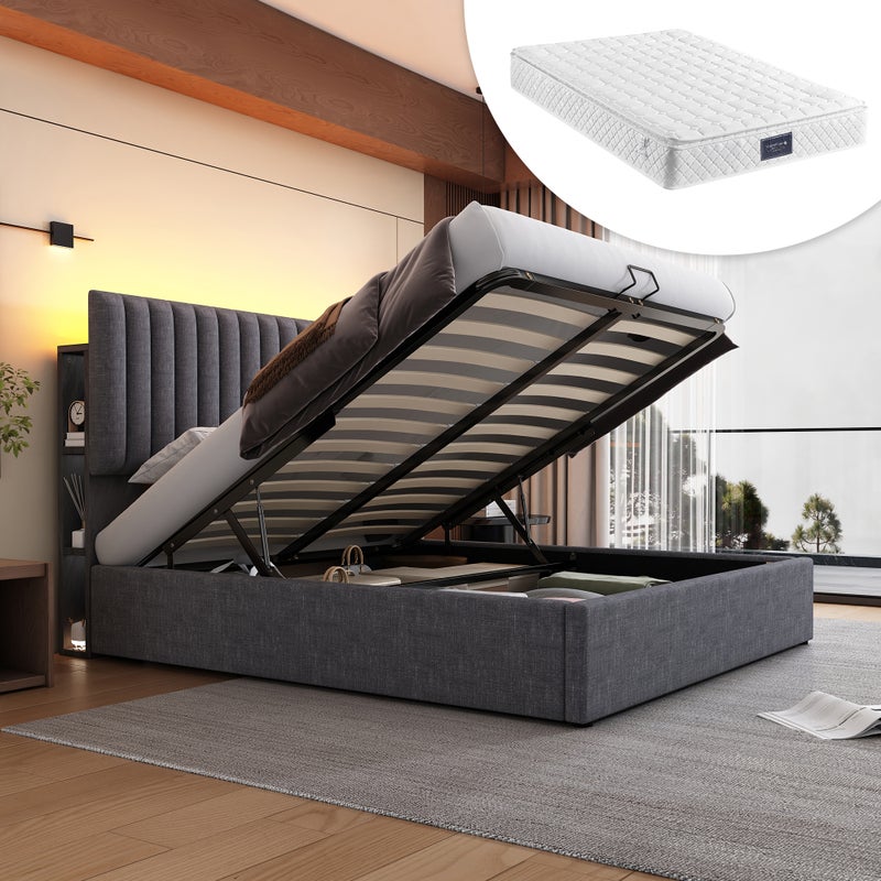 Łóżko 160 x 200 cm z pojemnikiem, 4 szufladami i gniazdem USB C - regulowany zagłówek - Szare + Materac
