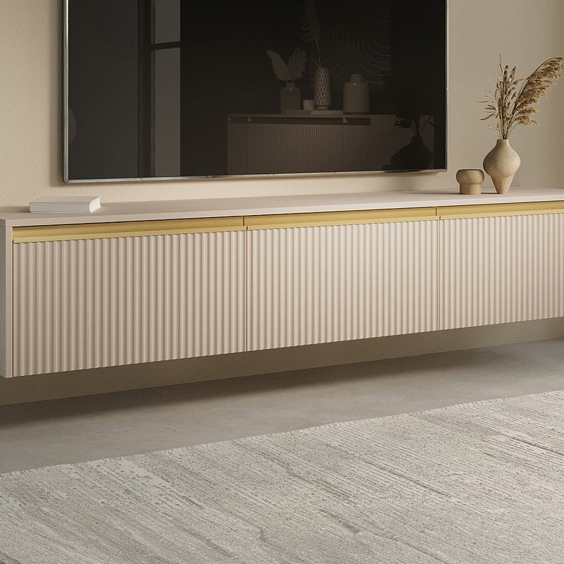 Szafka RTV wisząca lub stojąca 3-drzwiowa z MDF - Beżowy i złoty - POSINIA marki Pascal Morabito