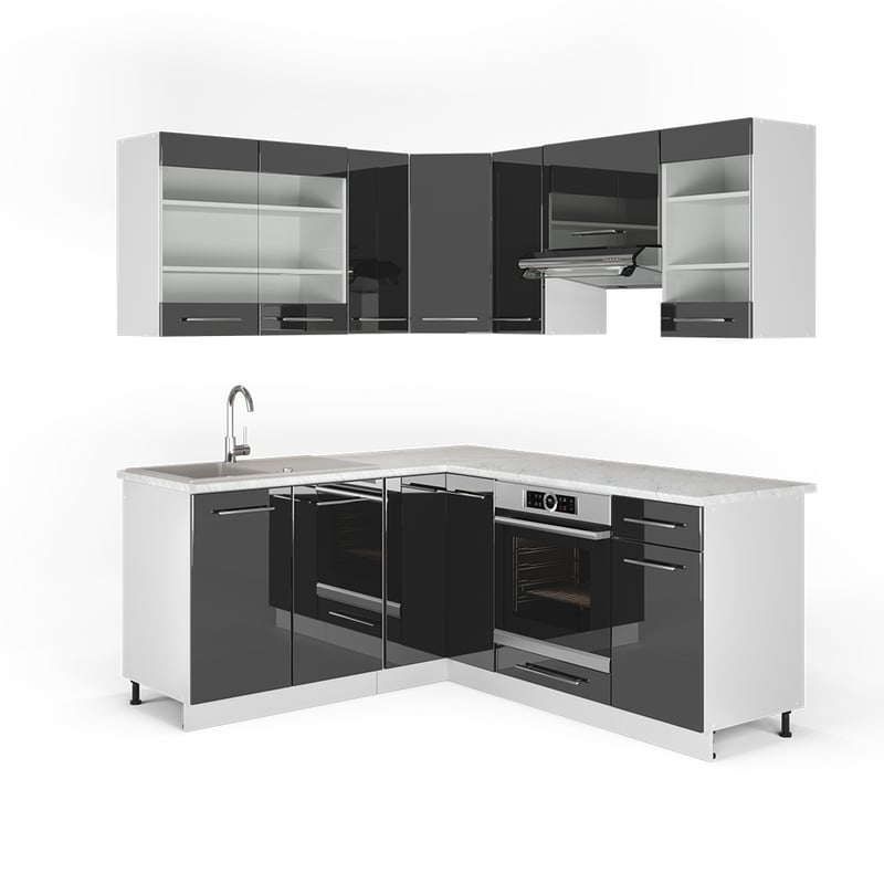 Vicco Kogoszczona kuchnia Fame-Line, Antracyt wysoki połysk, 190 x 46 cm bez blatu roboczego