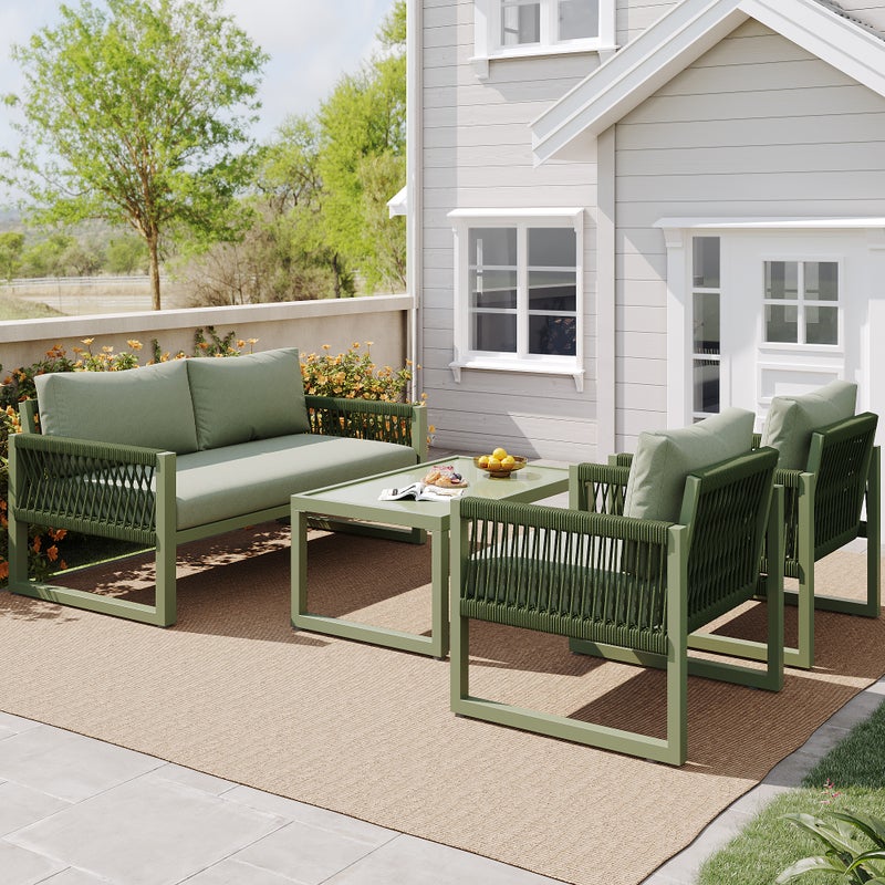 Zestaw mebli ogrodowych z ocynkowanego żelaza - sofa 2-osobowa, 2 fotele i stolik kawowy - kolor zielony