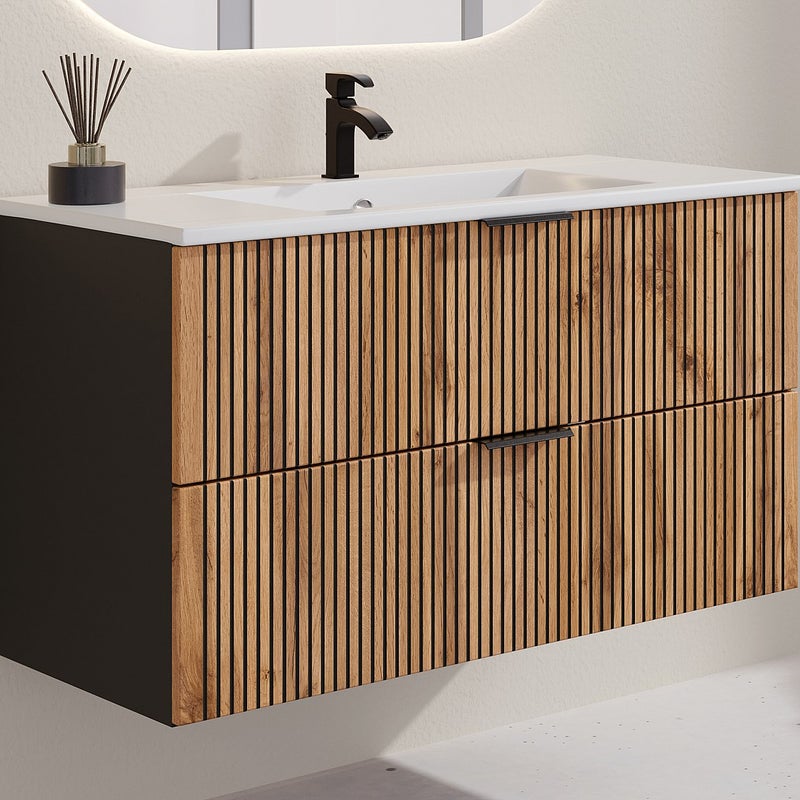 Szafka łazienkowa wisząca z umywalką wpuszczaną w blat - Naturalny jasny i czarny - 100 cm - MADELA