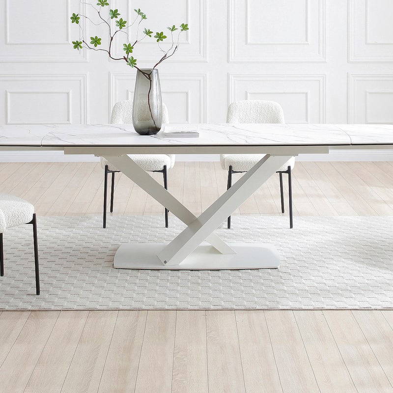 Stół do jadalni rozkładany dla 6 do 10 osób ze szkła hartowanego, ceramiki i metalu - Efekt białego marmuru - MALATA marki Maison Céphy
