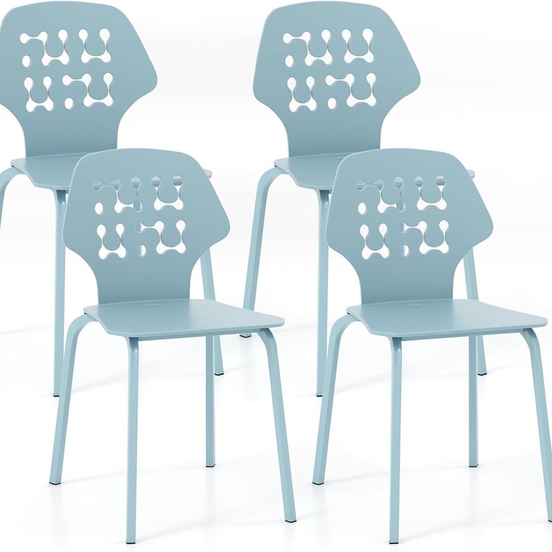 Zestaw 4 Krzeseł do Jadalni, Krzesła Kuchenne z Wyprofilowanym Oparciem z Tworzywa Sztucznego i Metalowymi Nogami, Krzesła dla Gości (Niebieskie)