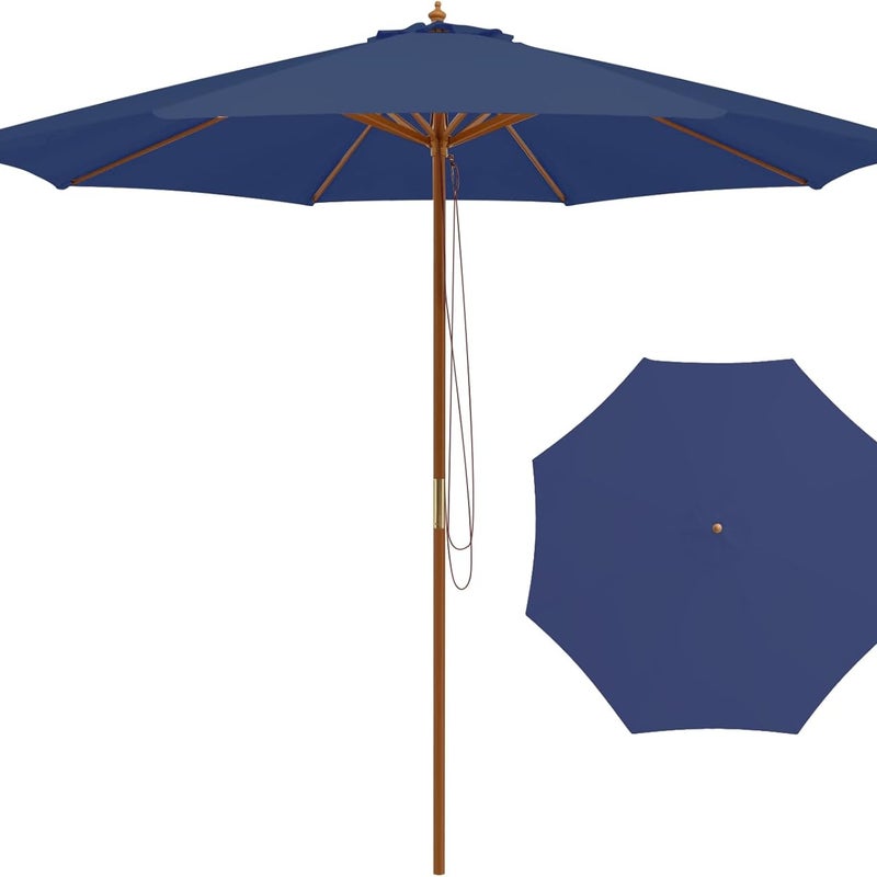 Parasol Ogrodowy 3 m z 8 Bambusowymi Żebrami i Systemem Podnoszenia Bloczkiem, Ochrona Przeciwsłoneczna, Wymiary 304 x 262 cm, Niebieski, bez Podstawa