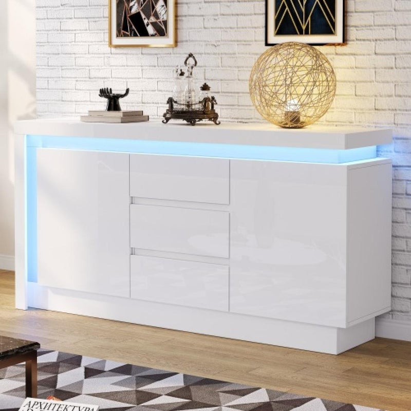 Komoda LED w połysku, biała, z 3 szufladami i 2 drzwiami oraz regulowanymi półkami