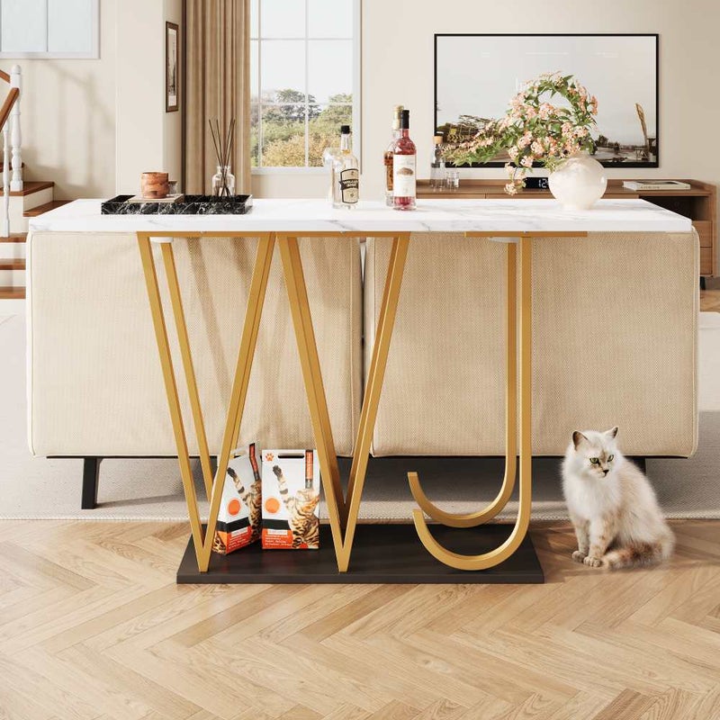 Stół jadalny Flurtisch 120x29,5x80 cm z blatem imitującym marmur, złotymi metalowymi nogami, miejscem do przechowywania i eleganckim wzornictwem