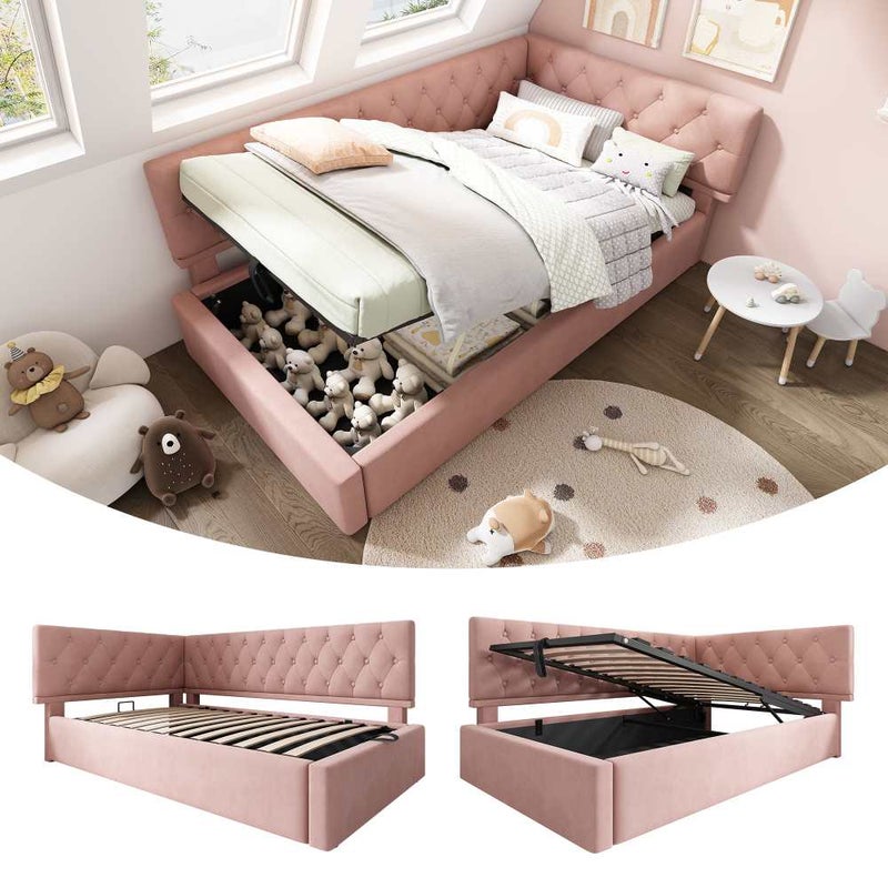 Tapicerowane łóżko dzienne 90x190 cm z hydraulicznym schowkiem, drewnianą ramą i welurem, wygodna sofa rozkładana