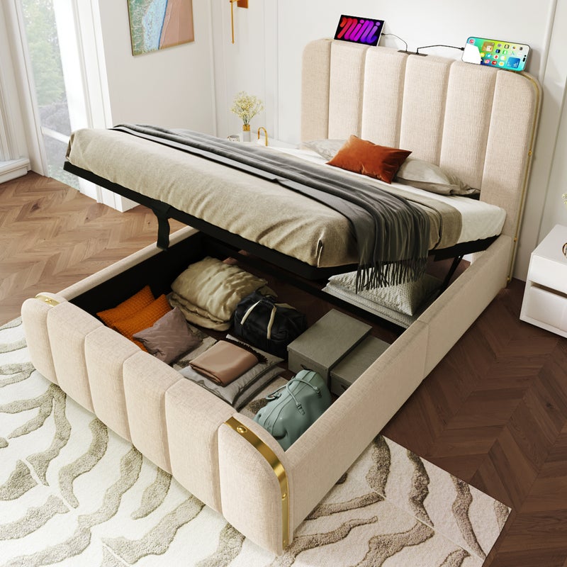 Łóżko tapicerowane 90x200 cm, zagłówek tapicerowany ze złotymi paskami dekoracyjnymi i funkcją ładowania USB typu C, bez materaca