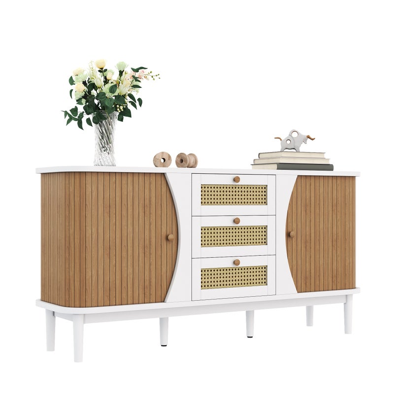Komoda z 2 drzwiami przesuwnymi i 3 szufladami z rattanu - 140,5 x 40 x 76 cm - regulowane półki - Płyta wiórowa + MDF - Kolor biały + drewno