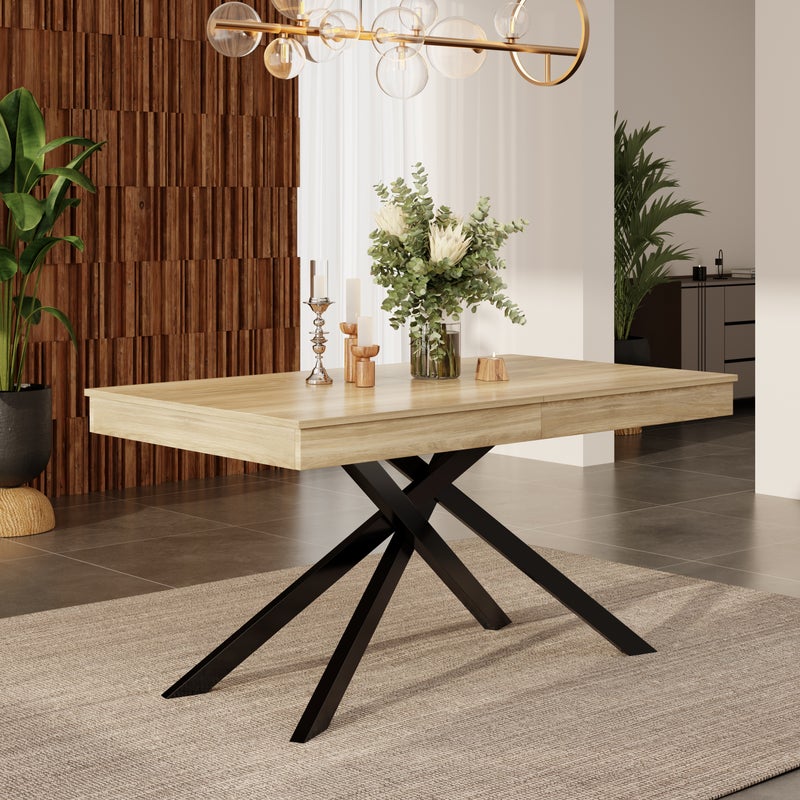 Rozkładany stół jadalny na 6-8 osób - 140/180 x 80 x 75 cm - płyta MDF i nogi skrzyżowane - dąb