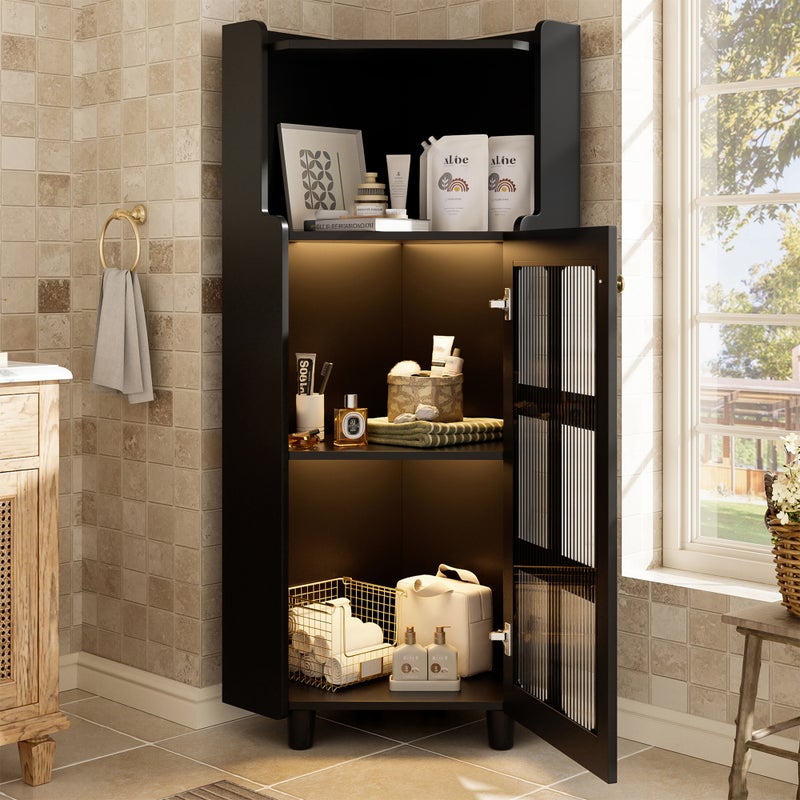 Narożna szafka łazienkowa z 1 drzwiami szklanymi i 1 otwartą przegrodą - 63,5 x 45 x 124 cm - MDF - Diody LED - Czarna