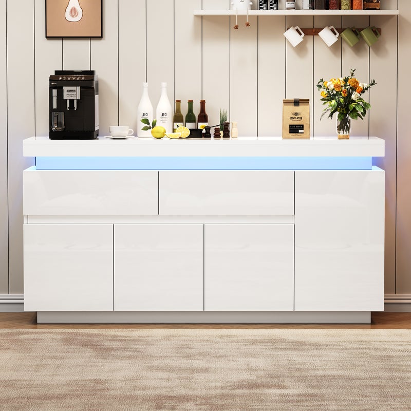 Komoda z 4 drzwiami i 2 szufladami - 140 x 35 x 72,5 cm - Diody LED - Płyta wiórowa - Błyszcząca biel
