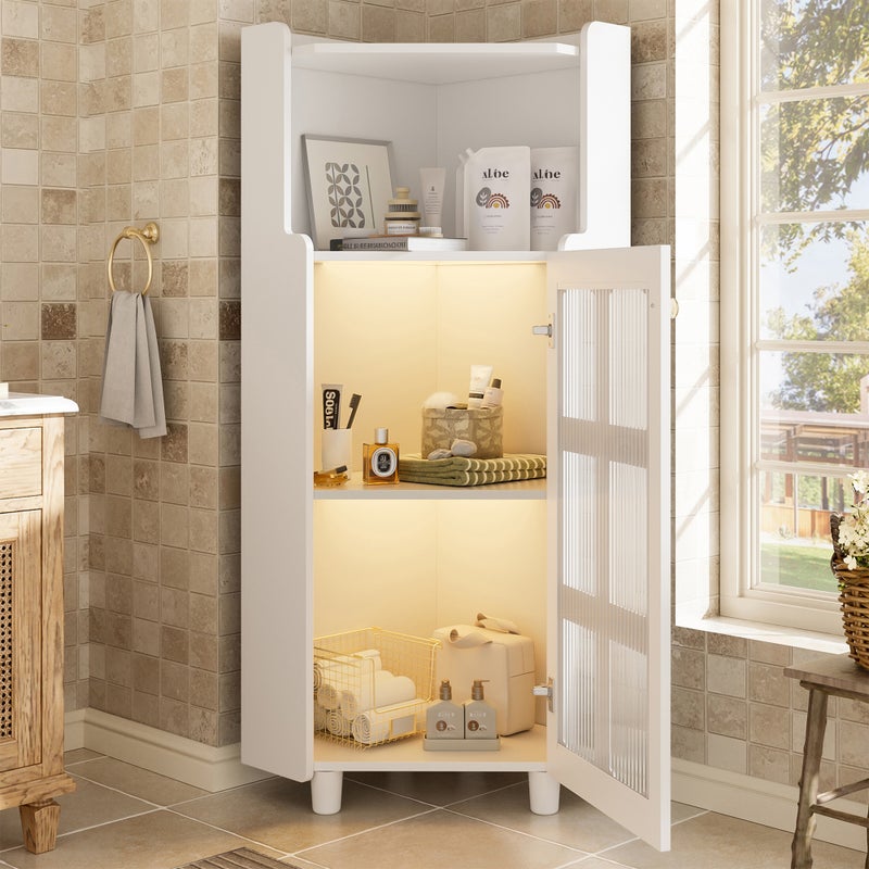 Narożna szafka łazienkowa z 1 drzwiami szklanymi i 1 otwartą przegrodą - 63,5 x 45 x 124 cm - MDF - Diody LED - Biała