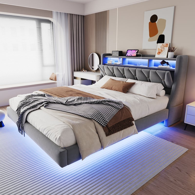 Łóżko tapicerowane 180 x 200 cm z zagłówkiem i 3 wnękami - LED + gniazda USB i typu C - Tkanina aksamitna - Szare (Materac nie jest wliczony w cenę)