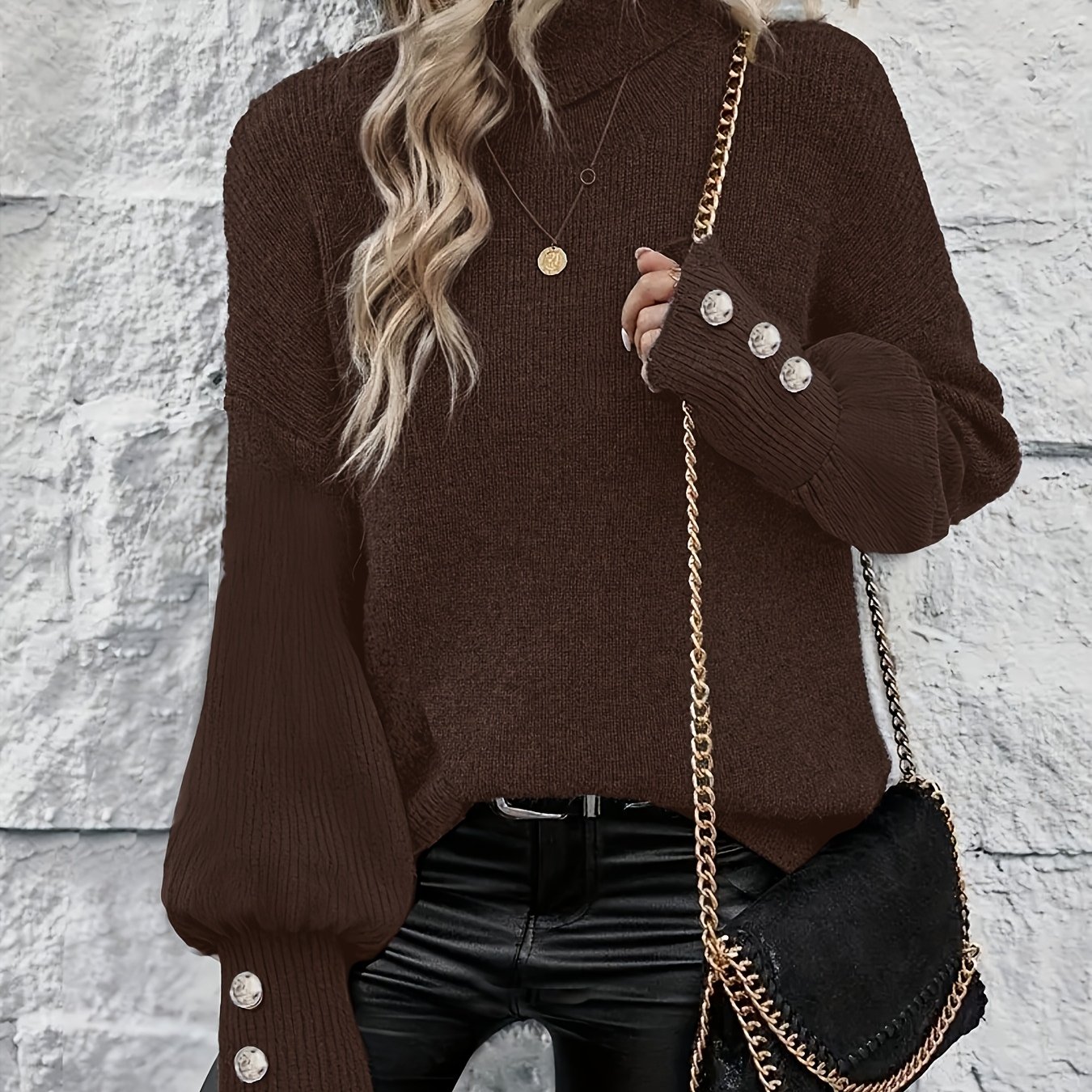 TEMU Jesień- Elegancki Sweter z Wysokim Kołnierzem i Ćwiekami dla Kobiet