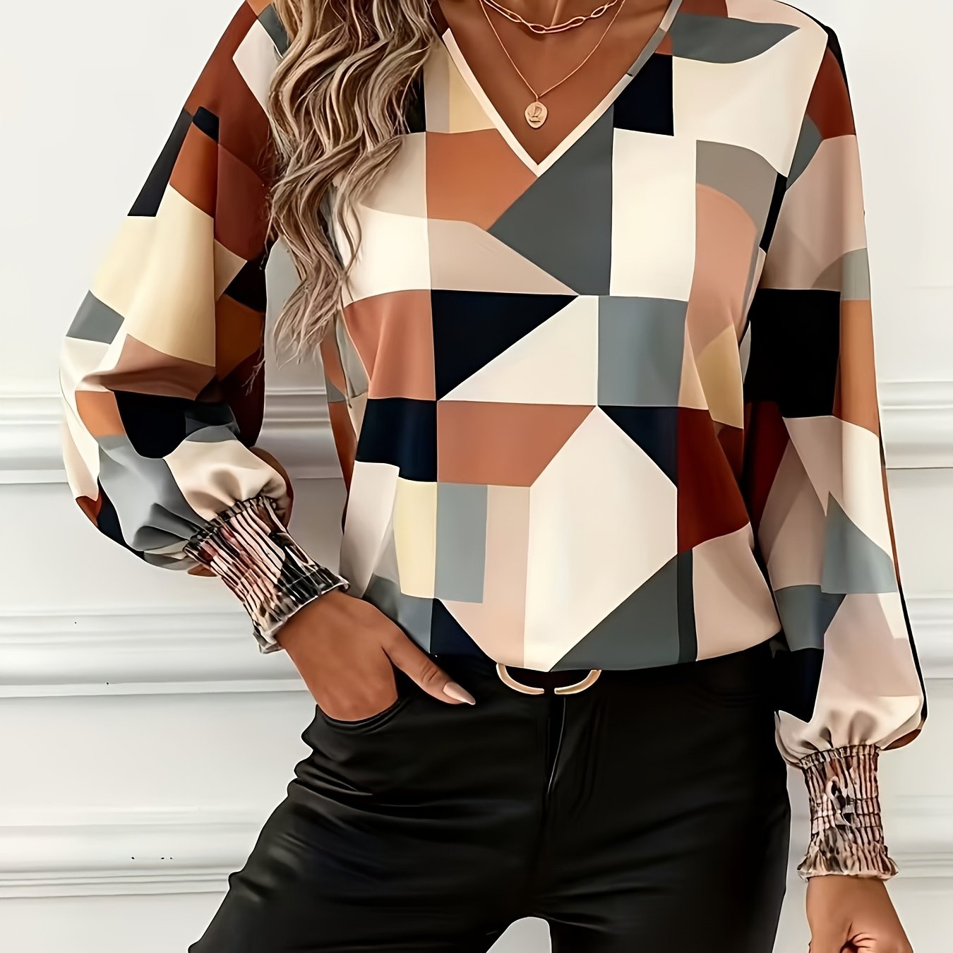 TEMU Elegancka Koszula Damska z Geometrycznym Wzorem i Latarnianymi Rękawami – Piękna Koszula z Długim Rękawem i Dekoltem w Serek, Idealna na Casual