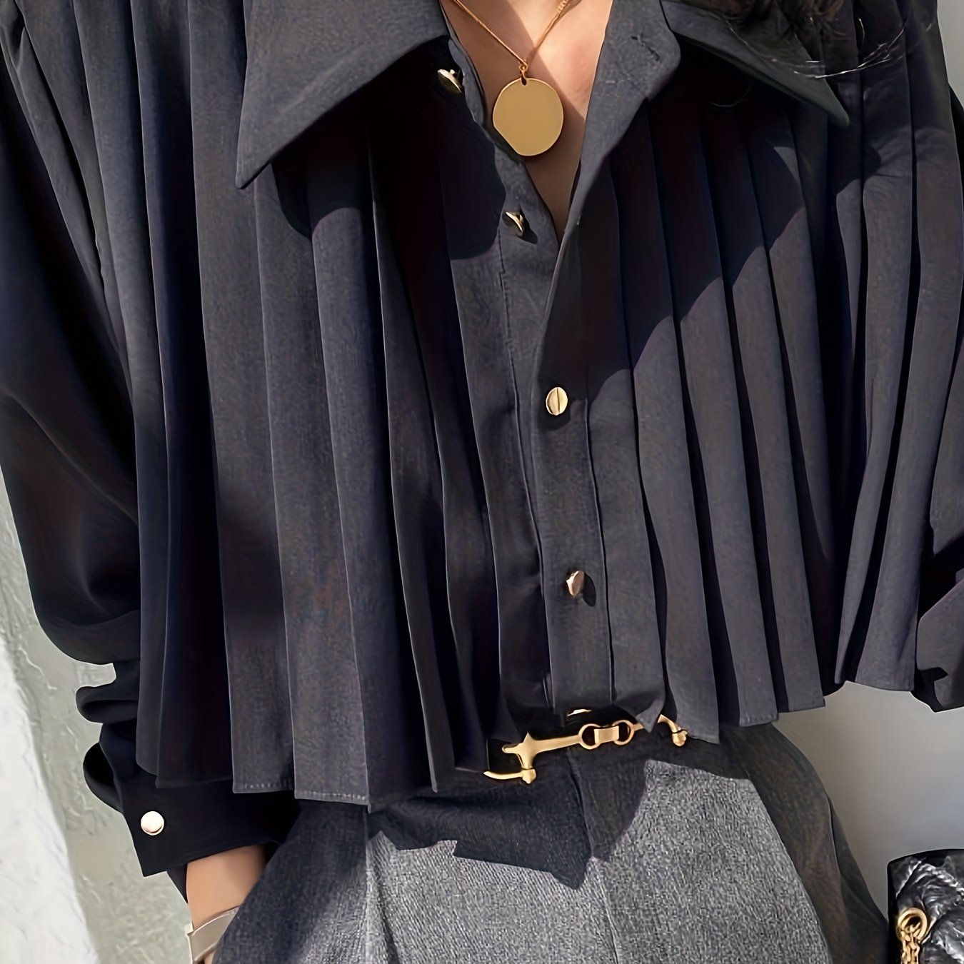 TEMU Damska Plisowana Koszula, Francuska Bluzka z Szyfonu, Elegancka Długa Koszula z Długim Rękawem do Pracy i Podróży, Ciemny Gotycki Styl,