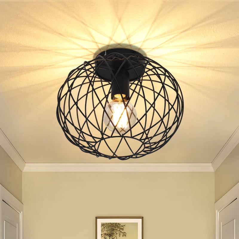 NETTLIFE Czarna lampa sufitowa do jadalni Lampa w klatce Siatka Vintage E27 Metalowy Reflektorowa sufitowy