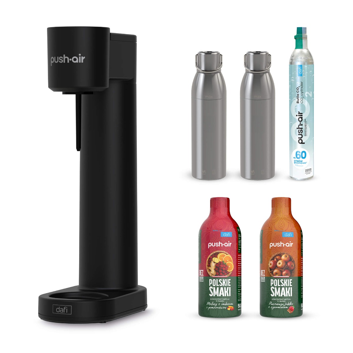 PUSHAIR Saturator Dafi Czarny + Nabój + 2x Stalowa Butelka + 2x syrop