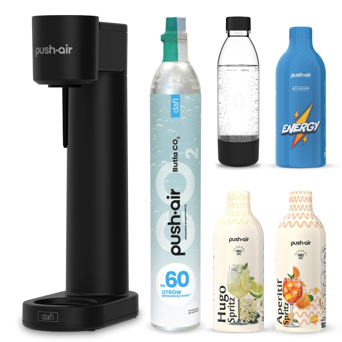 PushAir saturator Dafi czarny nabój CO2 butelka 0,7 3 syropy Energy Hugo Aperitif