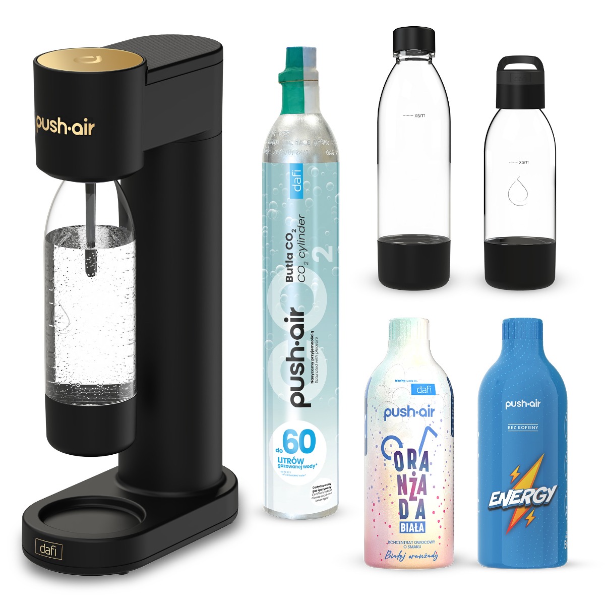 Zestaw 6 elementów PushAir saturator + nabój CO2 + butelka 0,7 + butelka 0,5 z uchwytem + 2x syropy 0,5