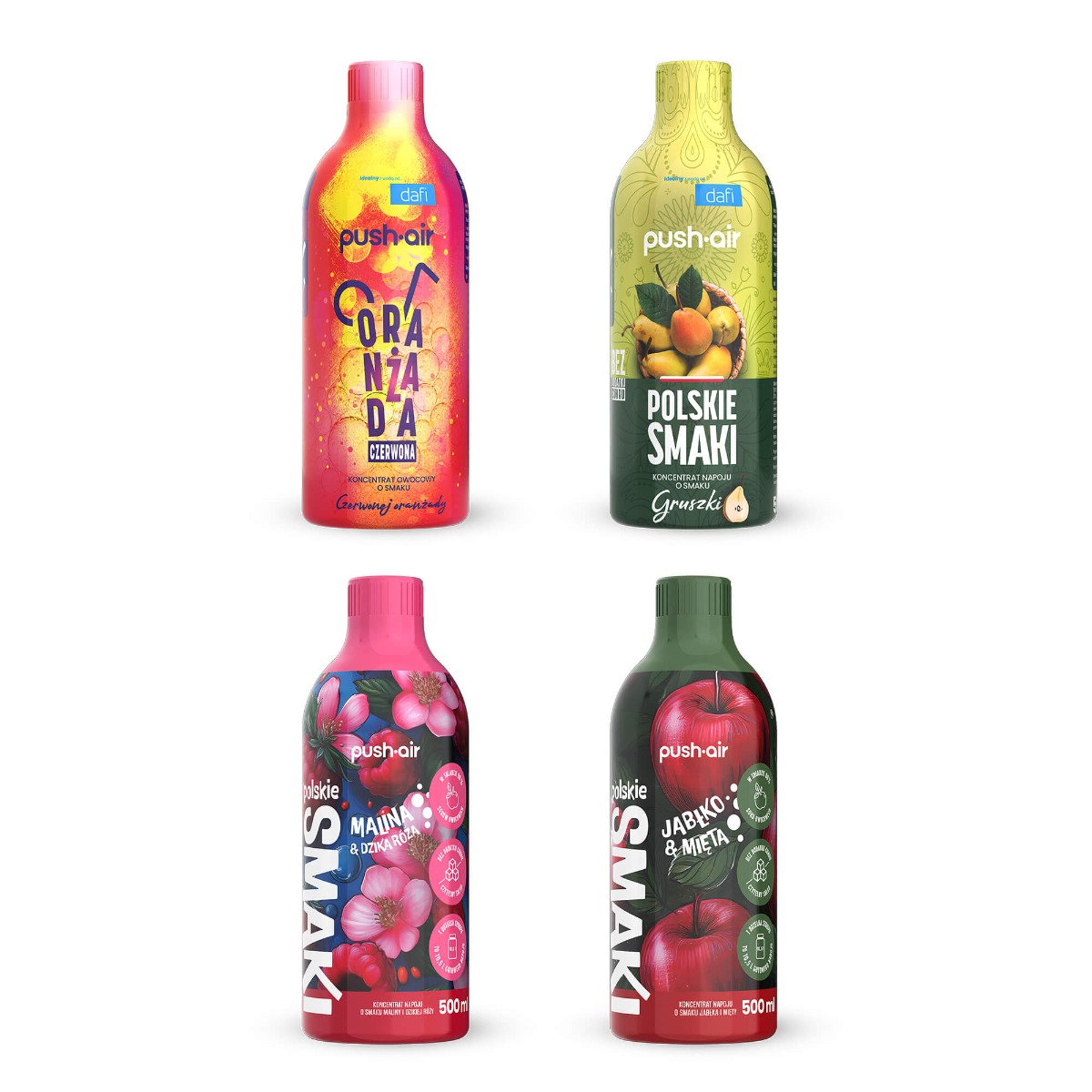 Zestaw 4 syropy Czerwona Oranżada + Jabłko i Mięta + Gruszka+ Malina i Róża